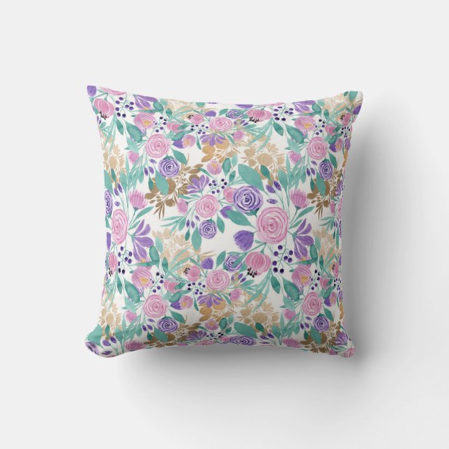 Pink Violet Purple Gold Watercolor Flowers Leaves Cushion (Front)