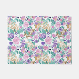 Pink Violet Purple Gold Watercolor Flowers Leaves Doormat