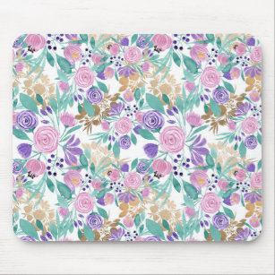 Pink Violet Purple Gold Watercolor Flowers Leaves Mouse Mat
