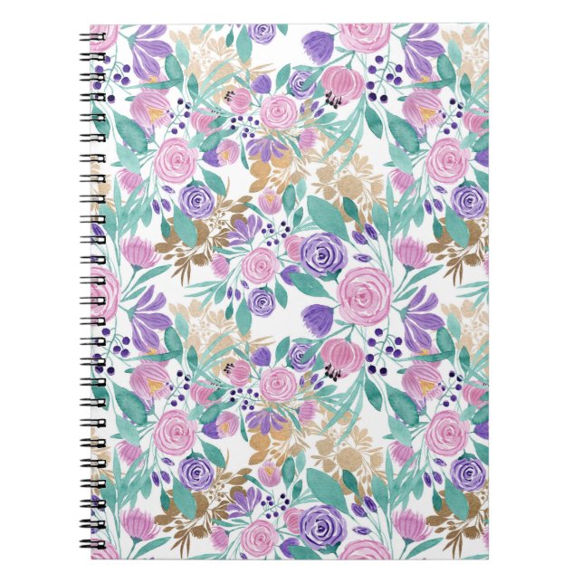 Pink Violet Purple Gold Watercolor Flowers Leaves Notebook (Front)