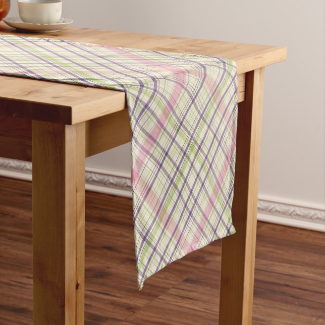 Pink Violet Purple Lime Green Plaid Pattern Short Table Runner (In Situ)