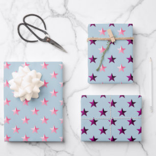 Pink Violet Purple Stars Dusty Blue Wrapping Paper Sheet