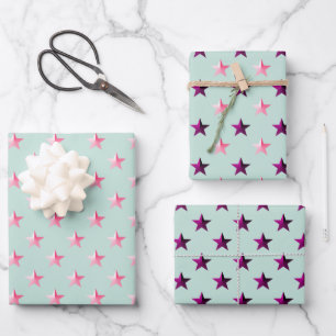 Pink Violet Purple Stars Sage Green Wrapping Paper Sheet