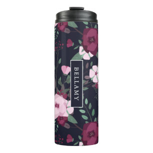 Pink & Violet Roses Floral Pattern Custom Name Thermal Tumbler