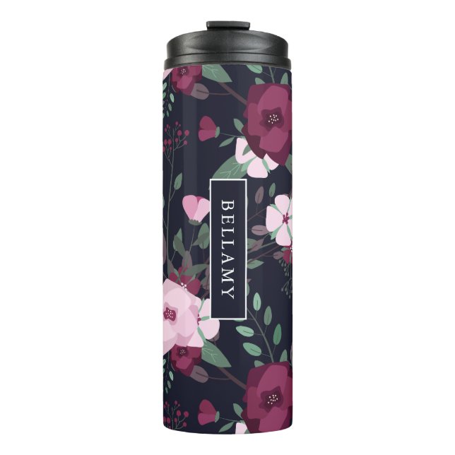 Pink & Violet Roses Floral Pattern Custom Name Thermal Tumbler (Front)