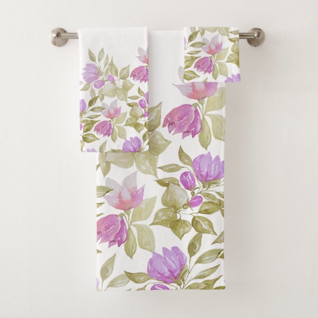 Pink Violet Watercolor Flowers Hand-painted Bath Towel Set (Insitu)