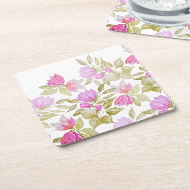 Pink Violet Watercolor Flowers Hand-painted Square Paper Coaster (Angled)