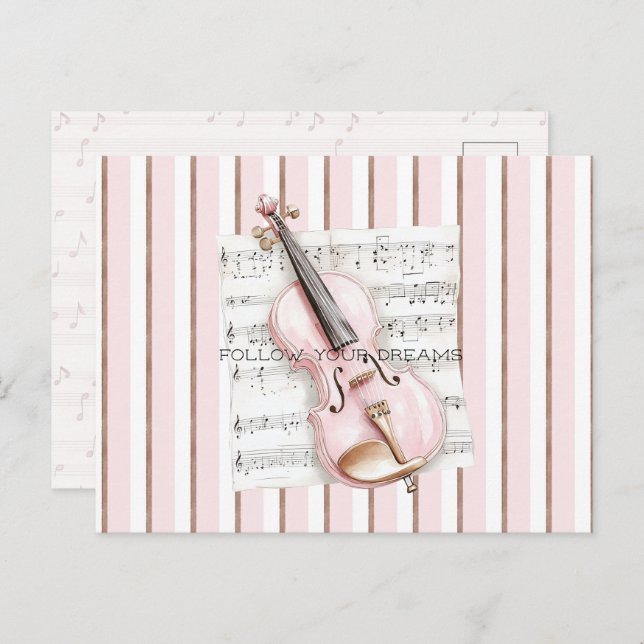 Pink Violin Music Sheet Postcard (Front/Back)
