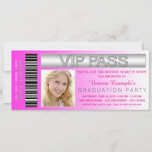 Pink VIP Pass Admission Ticket Graduation Party Invitation (Front)