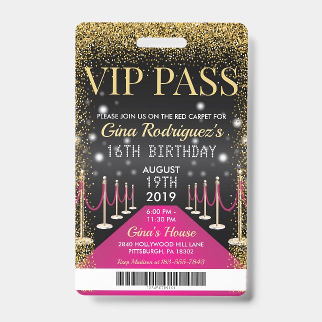 Pink VIP Pass Hollywood Red Carpet Birthday ID Badge (Front)