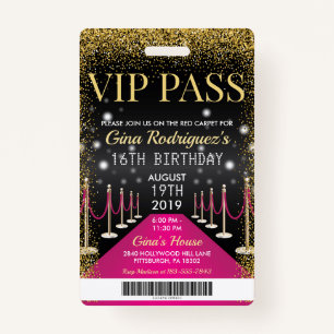 Pink VIP Pass Hollywood Red Carpet Birthday ID Badge