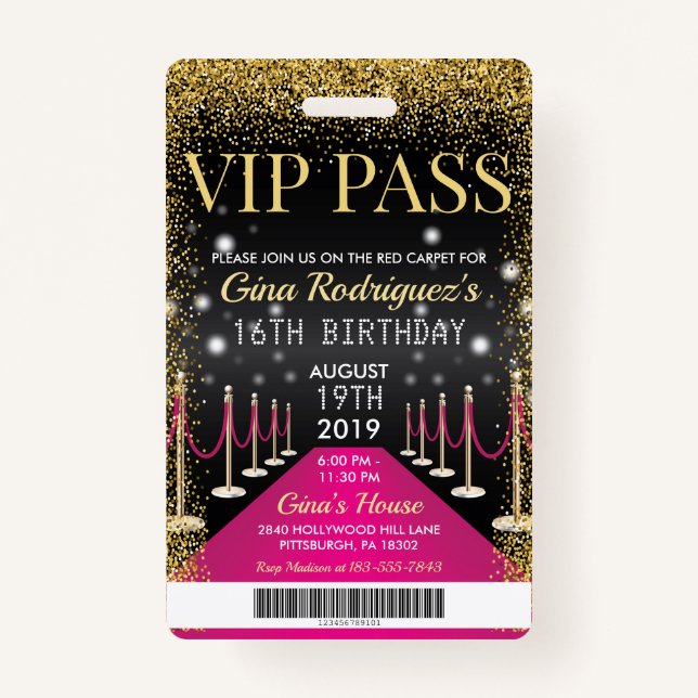 Pink VIP Pass Hollywood Red Carpet Birthday ID Badge (Front)