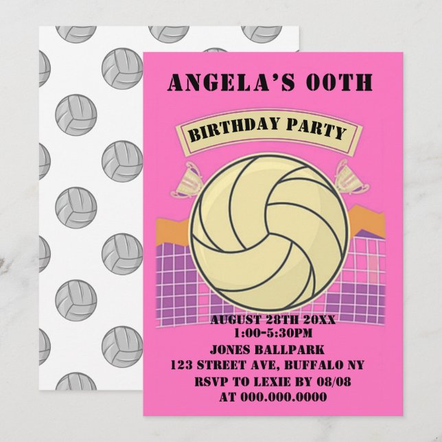 Pink Volleyball Birthday Party Invites (Front/Back)