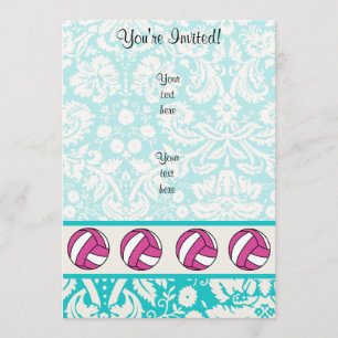Pink Volleyball; Damask Pattern Invitation