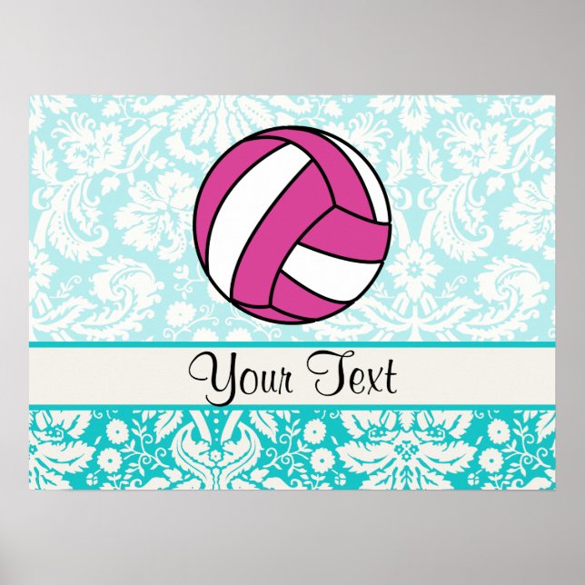 Pink Volleyball; Damask Pattern Poster (Front)