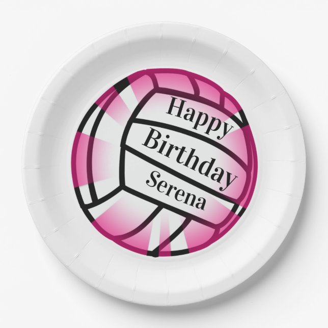Pink Volleyball Happy Birthday Custom Paper Party Paper Plate (Front)