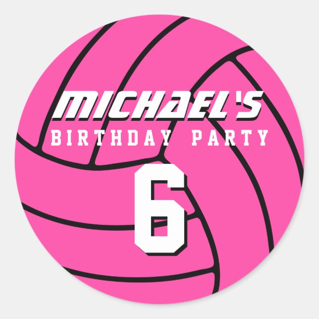 Pink Volleyball Sticker Sports Kids Birthday Party (Front)