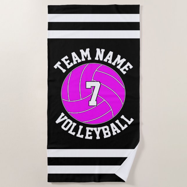 Pink Volleyball Team Name and Player Number Custom Beach Towel (Front)