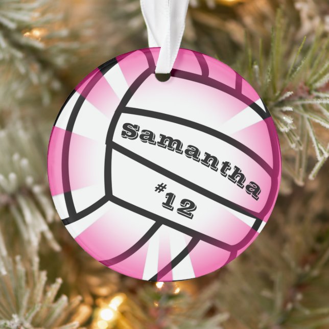 Pink Volleyball with Name and Number Christmas Ornament (Tree)