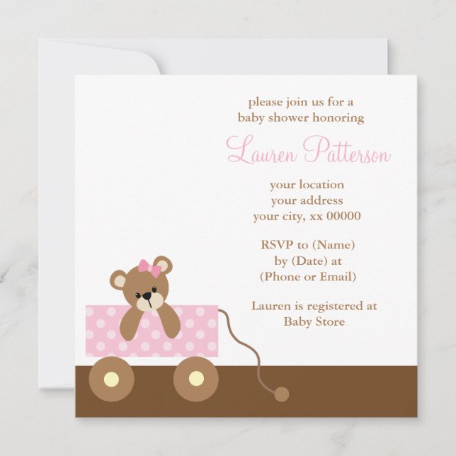 Pink Wagon Bear Baby Shower Invitation (Front)