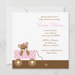 Pink Wagon Bear Baby Shower Invitation