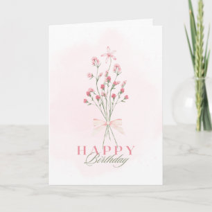Pink wash background, pink flowers Birthday card