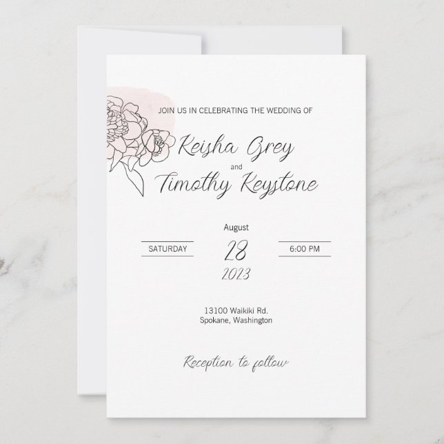 Pink Wash Line Art Wedding Invitation (Front)
