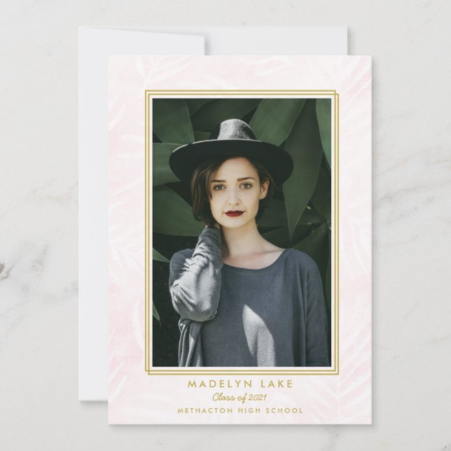 Pink Washed Palms and Gold Frame Photo Graduation Announcement (Front)