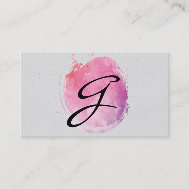 Pink Water Colour Monogram Fancy Text Speckled Business Card (Front)