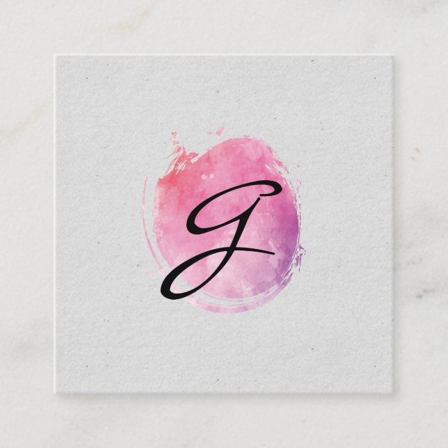 Pink Water Colour Monogram Fancy Text Speckled Square Business Card (Front)