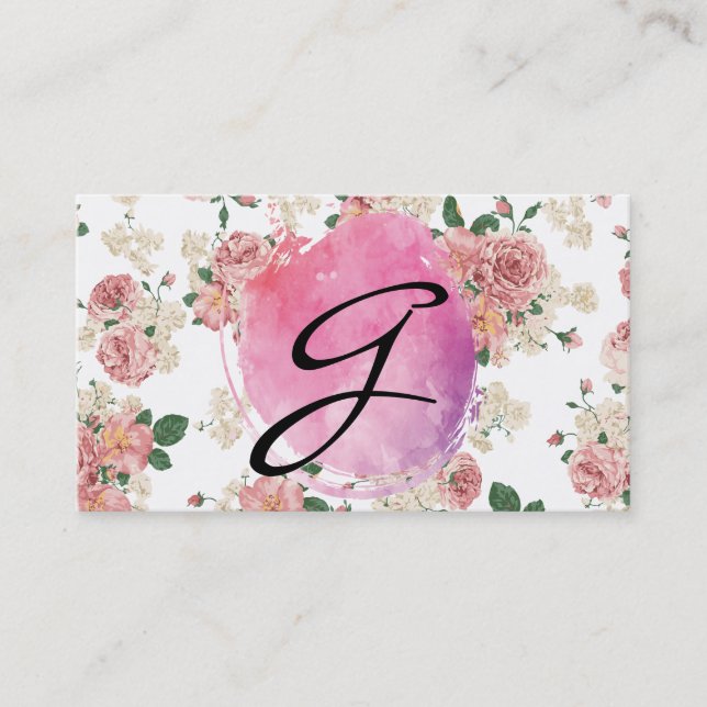 Pink Water Colour Monogram Floral Pattern Business Card (Front)
