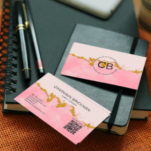 Pink Water Colour QR Code Monogram Business Card