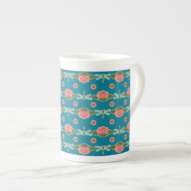 Pink Water Lilies and Dragonflies Bone China Mug (Front Right)
