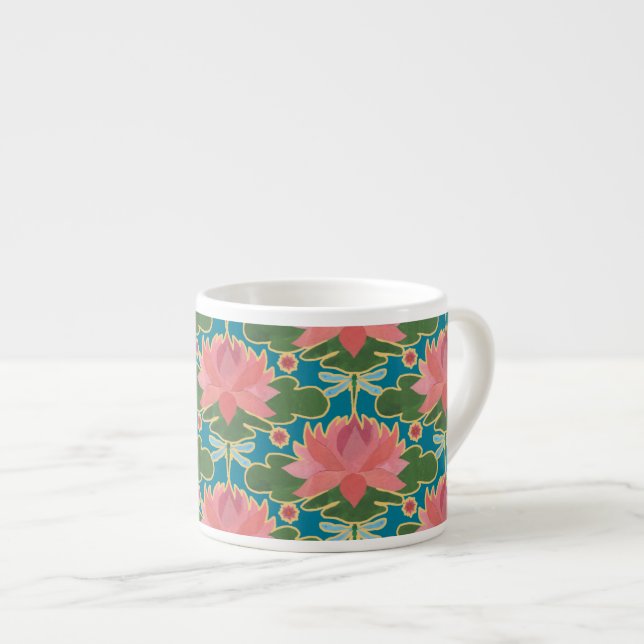 Pink Water Lilies and Dragonflies Espresso Mug (Front Right)