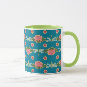Pink Water Lilies and Dragonflies on Blue Mug