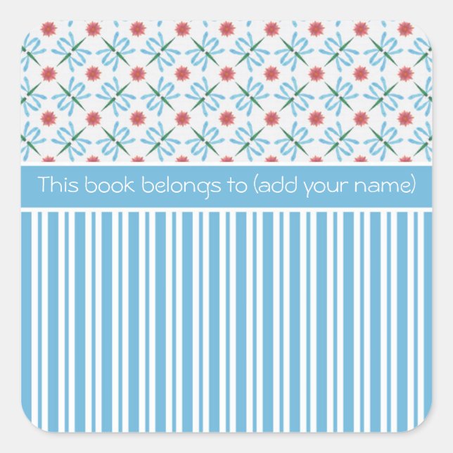 Pink Water Lilies, Dragonflies, Custom Bookplates Square Sticker (Front)