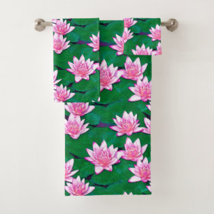 Pink Water Lilies on a Pond Bath Towel Set