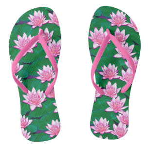 Pink Water Lilies on a Pool Flip Flops