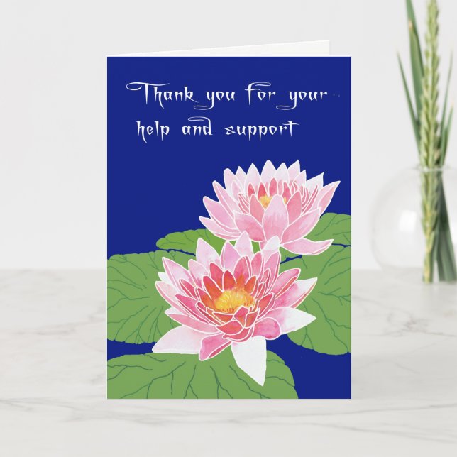 Pink Water Lilies on Blue Thanks for Help Thank You Card (Front)