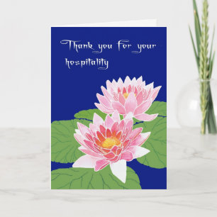 Pink Water Lilies on Blue Thanks for Hospitality Thank You Card
