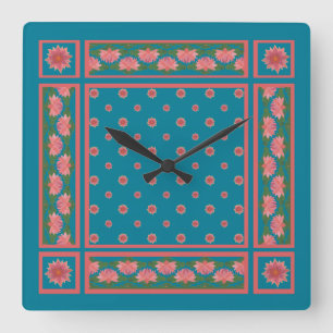 Pink Water Lilies on Deep Blue Square Wall Clock