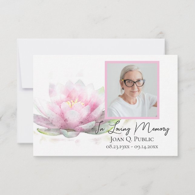 Pink Water Lily Flower Funeral Memorial Sympathy Thank You Card (Front)