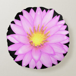 Pink Water Lily Flower on Black Round Cushion