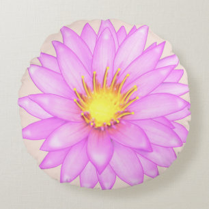 Pink Water Lily Flower on Light Beige Round Cushion