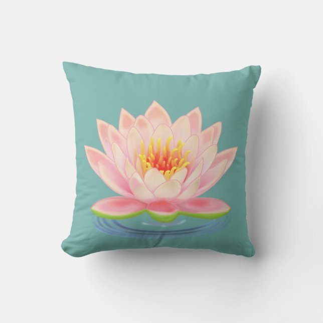 Pink Water Lily Flower on Teal Cushion (Front)