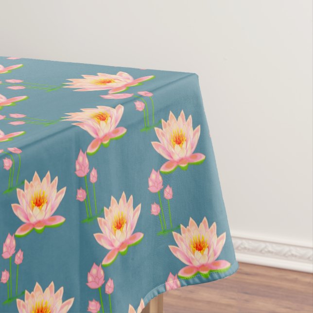 Pink Water Lily Flowers on Blue Tablecloth (In Situ)