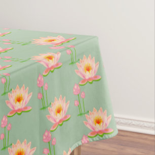 Pink Water Lily Flowers on Laurel Green Tablecloth