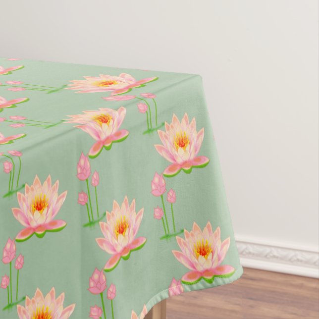 Pink Water Lily Flowers on Laurel Green Tablecloth (In Situ)