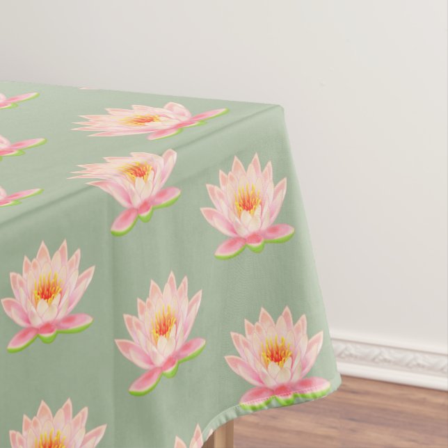 Pink Water Lily Flowers on Laurel Green Tablecloth (In Situ)