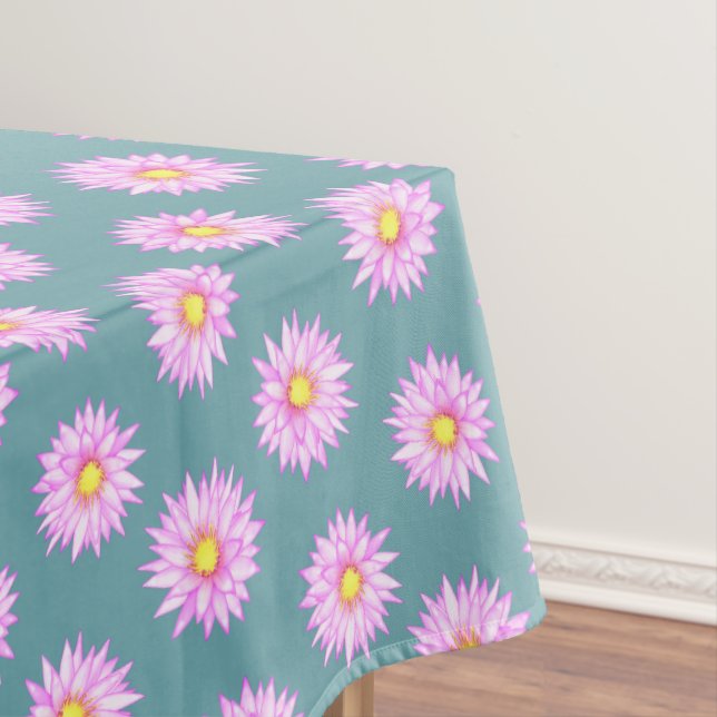 Pink Water Lily Flowers on Teal Tablecloth (In Situ)